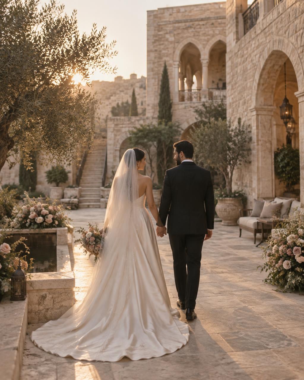 A bride and groom walking together through a palace courtyard